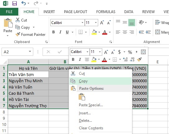 1. Cách Copy và Paste giữ nguyên định dạng hàng/ cột trên Excel