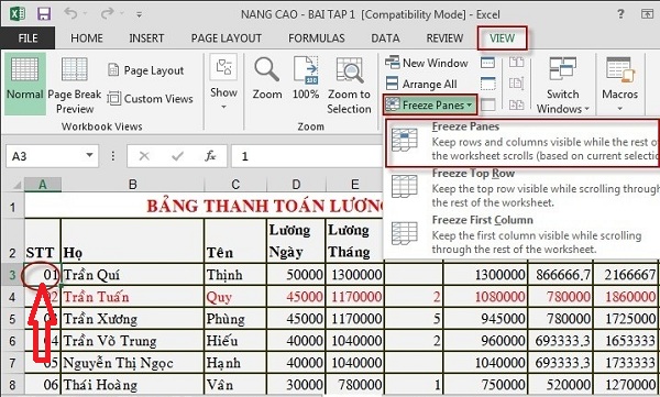 Cách cố định cột trong Excel