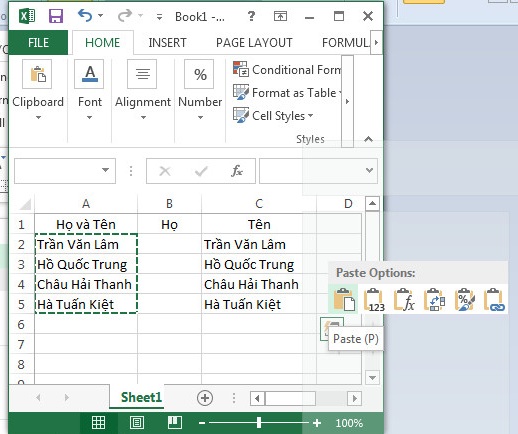 Tách họ trong Excel